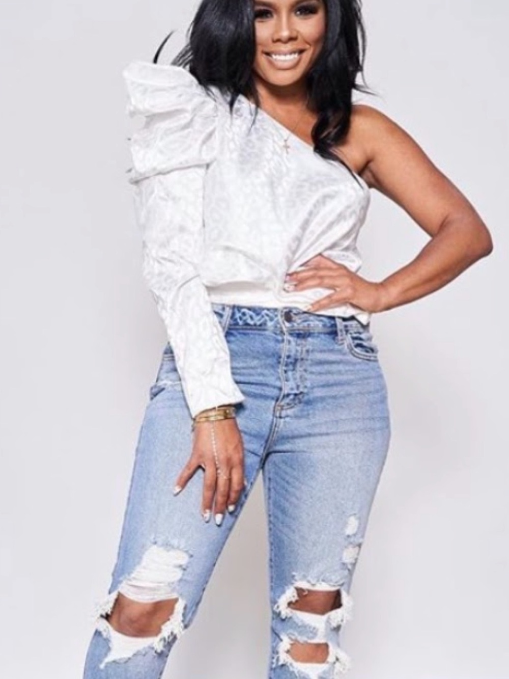 One-Shoulder Ruffled White Blouse